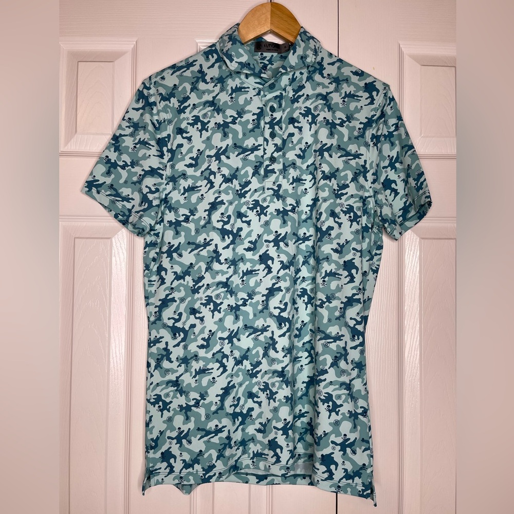 G/Fore Polo Shirt Icon Camo Tech Mapped Skull Mens Small Monsoon Green Stretch‎